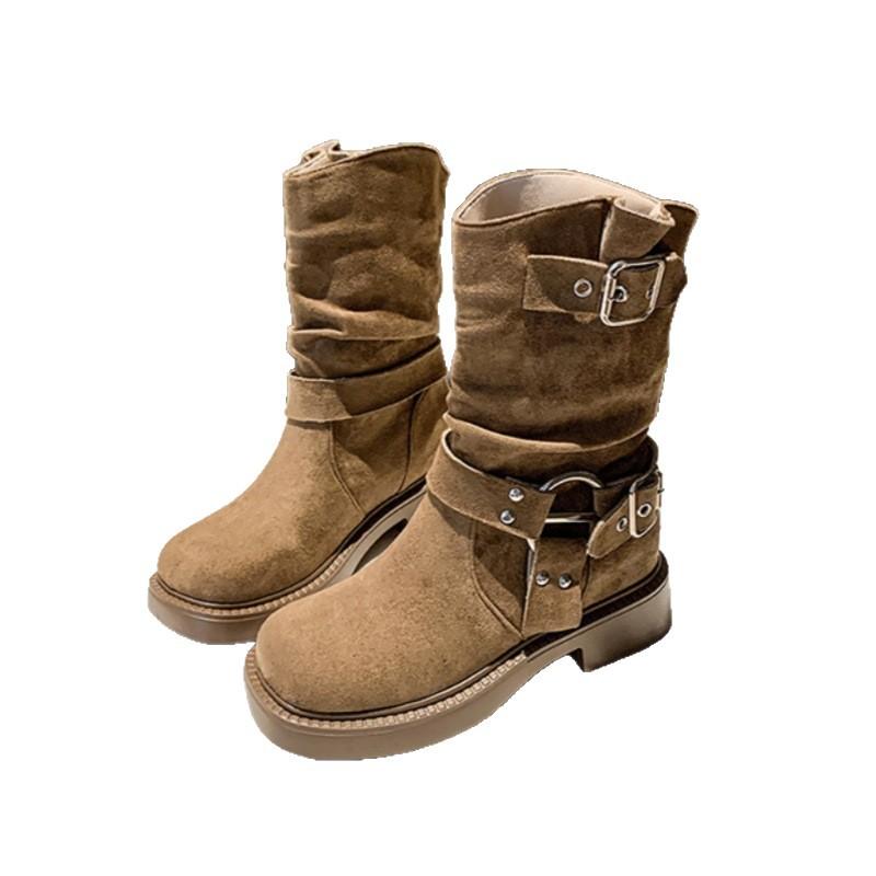 Thick-soled Stacking Boots Female Knight Retro Suede Thick Heel Round Head 2025 New Thin Boots British Style Tall Boots