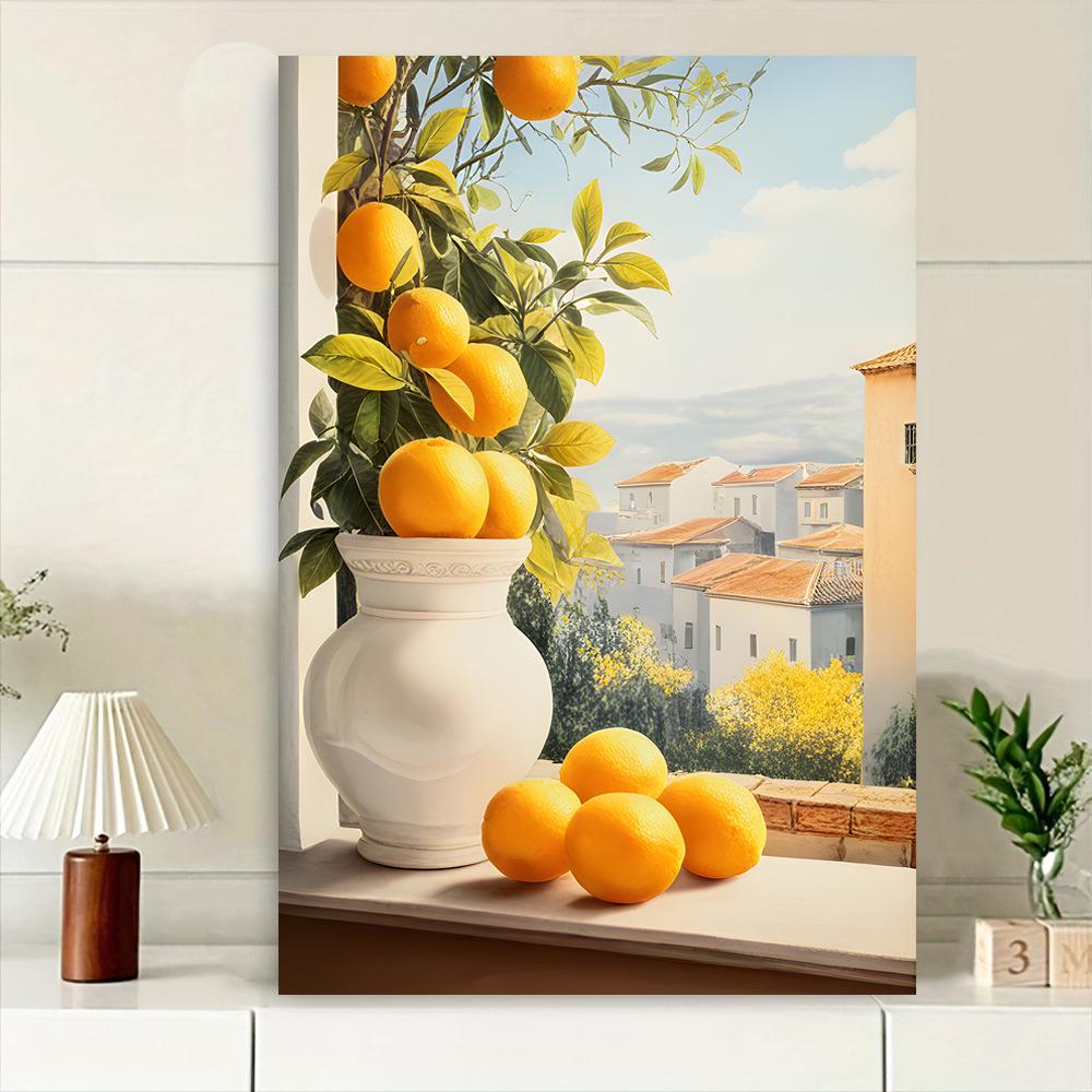 Modern Coastal Landscape Wall Art: Lemon Med Scenery Window Frame Design for Living Room & Bedroom