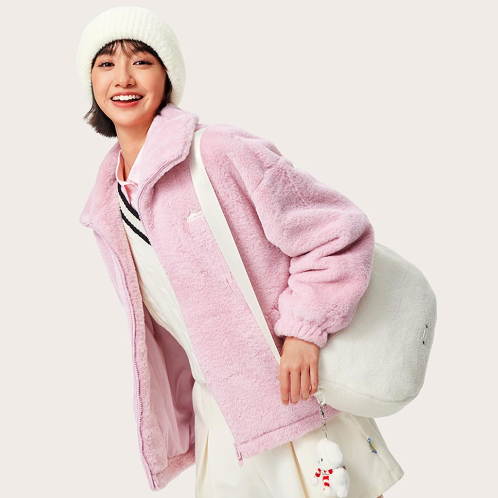 Li Ning Sports Lifestyle Series Faux Rabbit Fur Warm Plush Collar Windproof Casual Comfortable Versatile Fleece Jacket Women Jackets AFDUC96-4