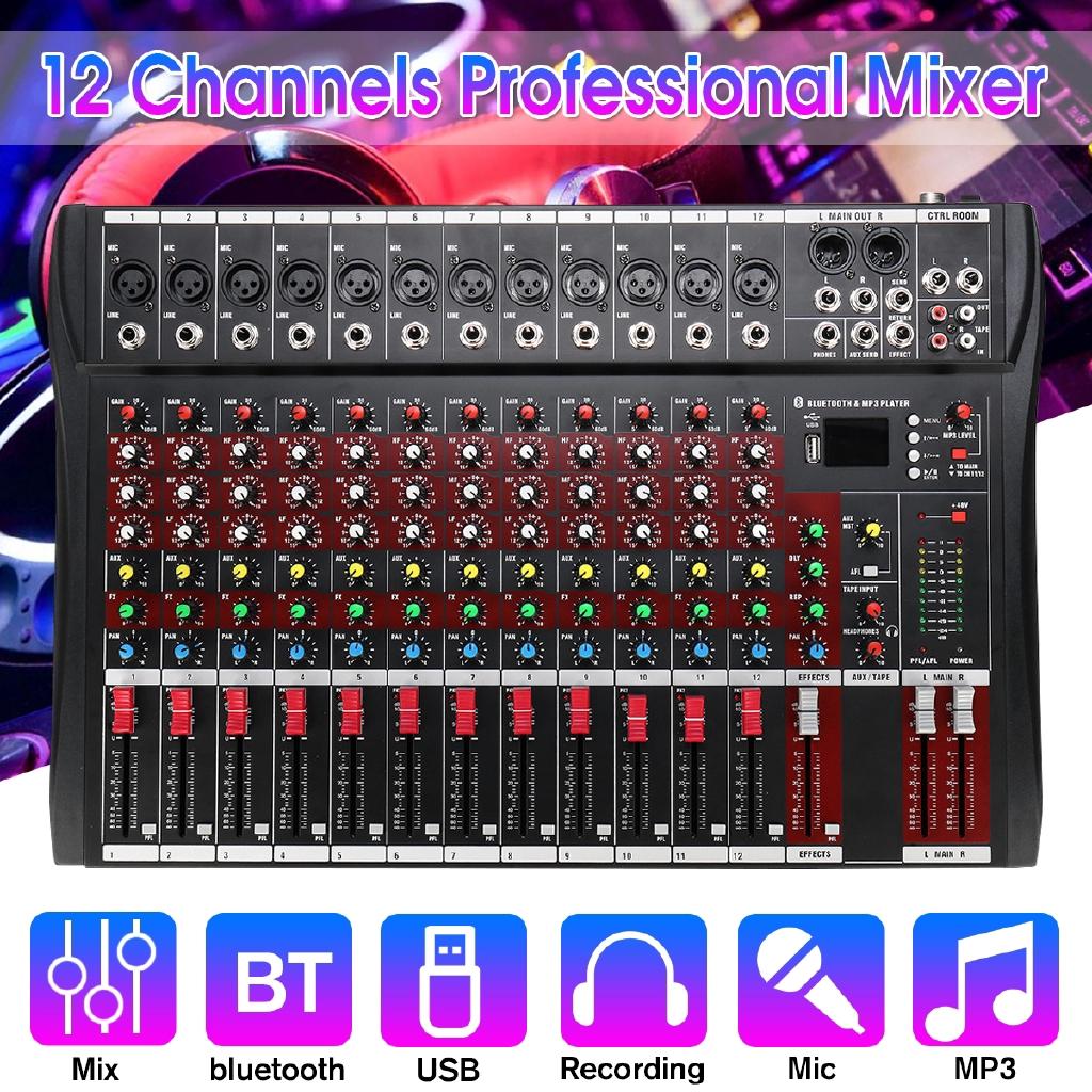 12 Channel Bluetooth Live Studio Audio Mixer Mixing Console w/ USB XLR Input 48V Black