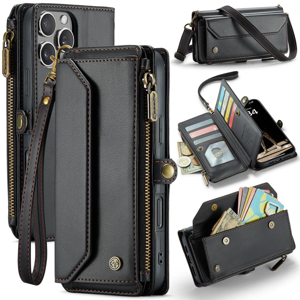 CaseMe (C36) Crossbody Wallet Case For iPhone 13 14 15 16 Pro Max Zipper Wrise Multi-functional Flip PU Leather Card Slots Holder Cover Protector