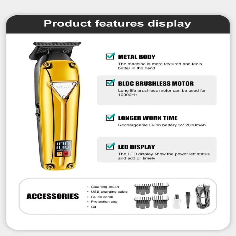 VGR V-904 Metal Texture Oily Hair Clipper Hair Salon Men's Electric Hair Clipper Digital Display Carving Push High Power Upgrade Battery Life Razor