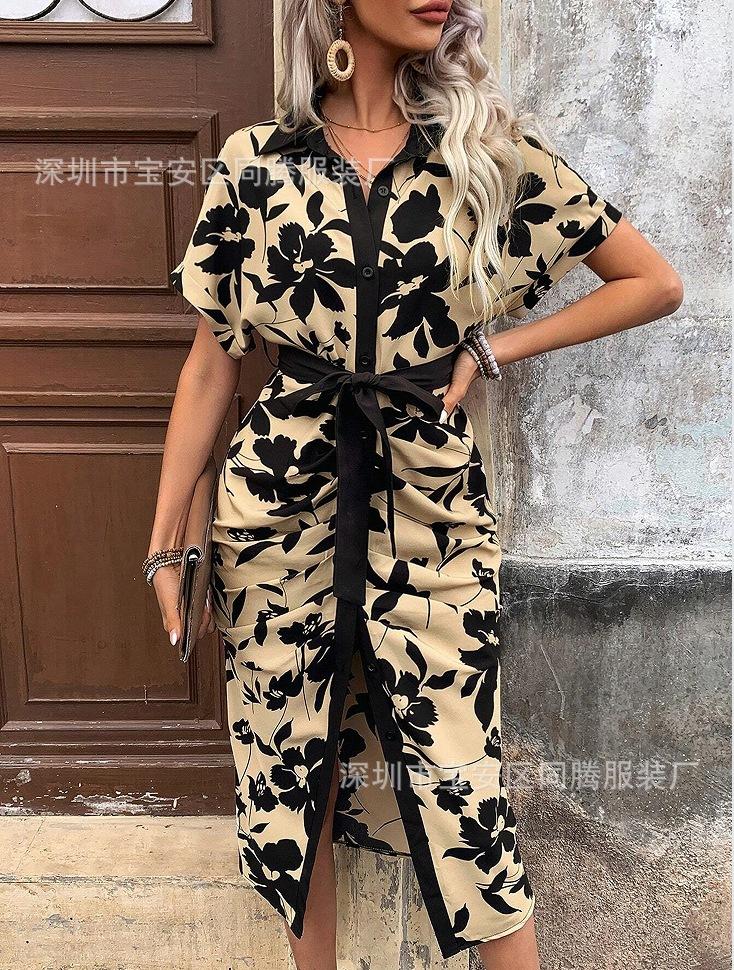 European And American New Elegant V-Neck Button Print Sexy Waist Medium And Long Dress
