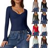 T-shirt Casual da Donna a Manica Lunga con Scollo a V Liscia