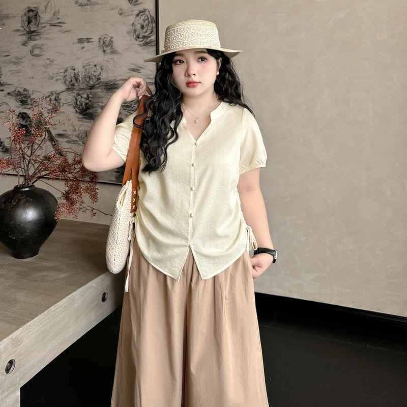 

Plus size women clothing [Korean Series Ice Silk Shirts] Sweet Drawstring Pleat Lantern Sleeve Shirt 100.00kg Summer Top Apricot-Shirt 8xl