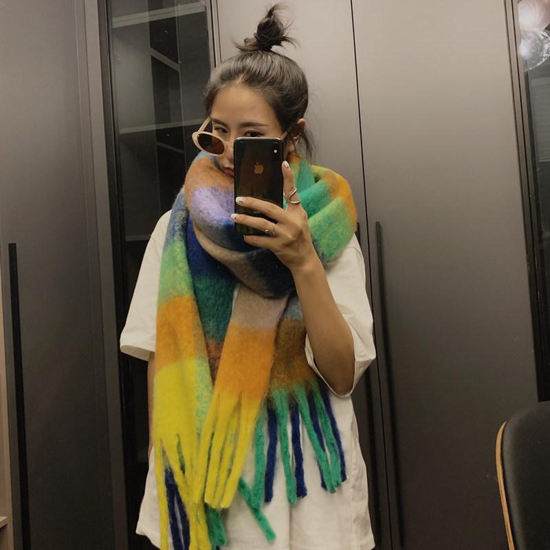 Ins Herbst und Winter Mohair Farbkombination Regenbogen Schal Damen Britischer Stil Unterwärme Langer Schal Student