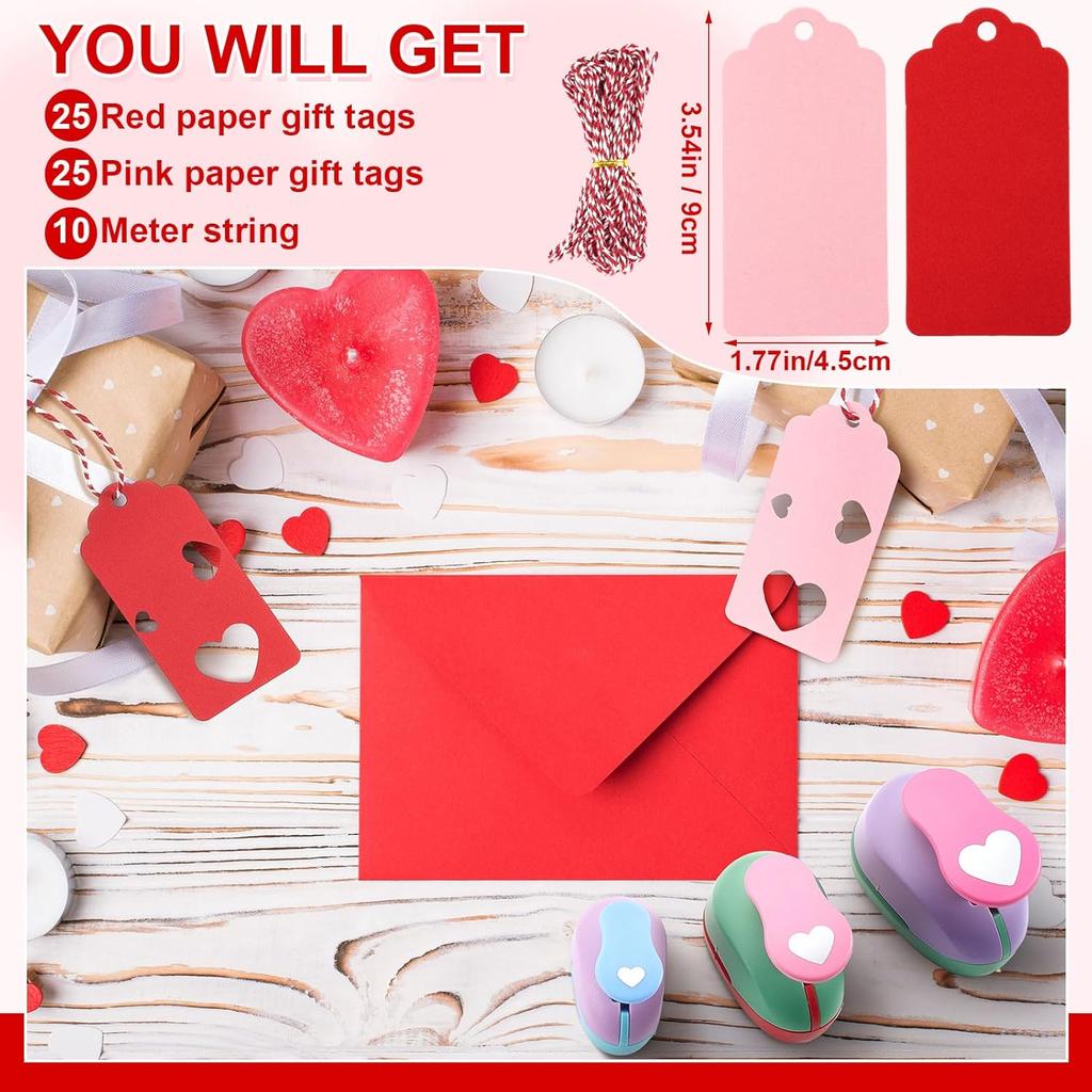 53 Pcs Heart Paper Punch Set Include 3 Pcs Heart Hole Punch 50 Pcs Valentine Day Paper Gift Tags with 10 Meter String Tag Punches for Paper Crafts