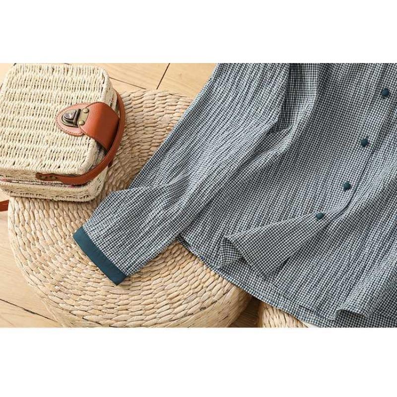 Early Spring Art Versatile Color Blocked Small Checkered Shirt Retro Small Collar Long Sleeve Checkered Top Shirt Blouses & Shirts