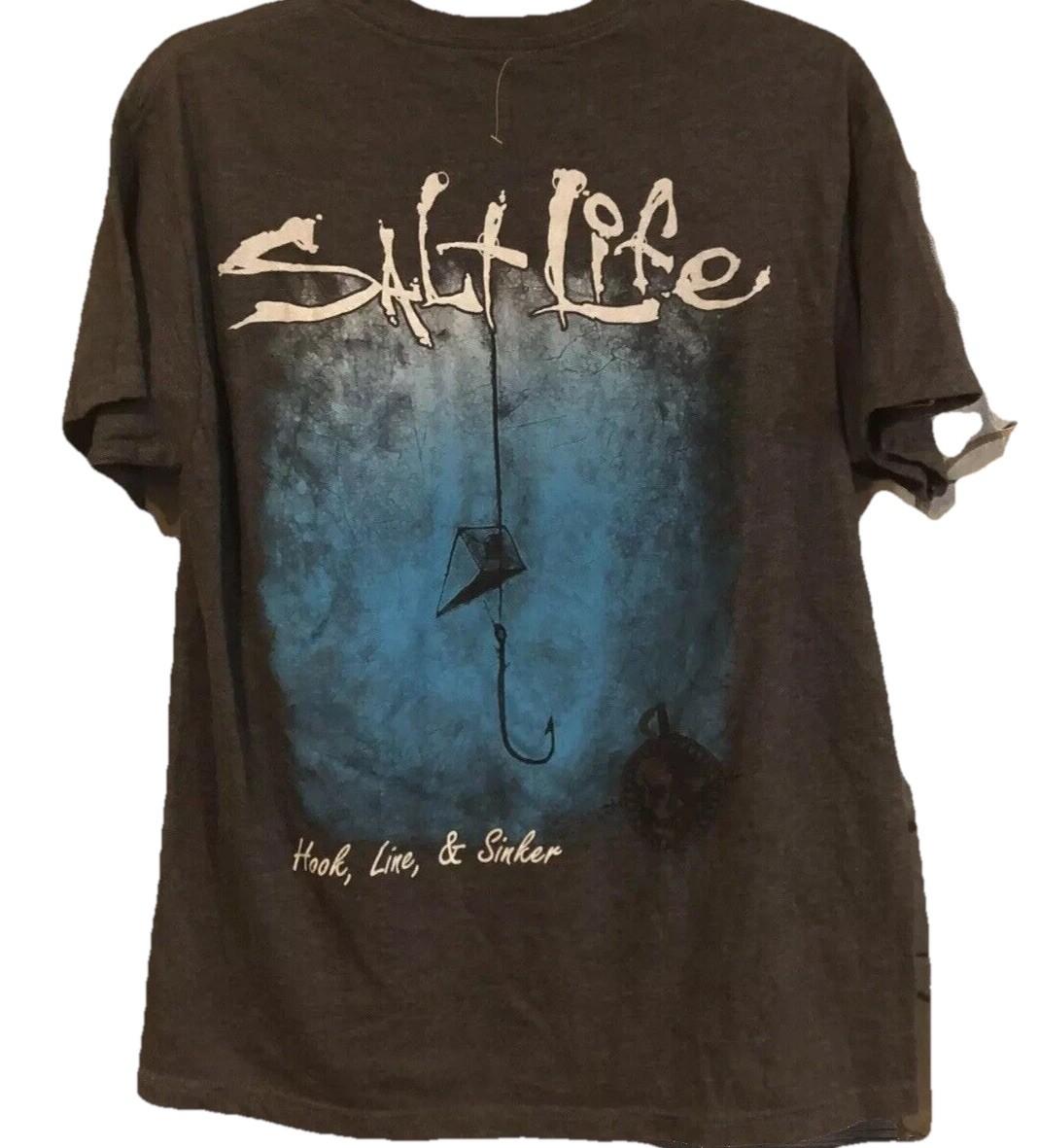 Salt Life T Shirt Men Large Gray Hook Line Sinker Fishing Pocket Graphic Tee Unisex T-Shirt L