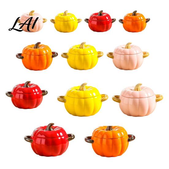Handled Soup Bowl with Lid Pumpkin And Double Handle Microwave Safe Decorative Practical Kitchen Gift for Home Ceramic Bowl Heat Resistant Pot Stews