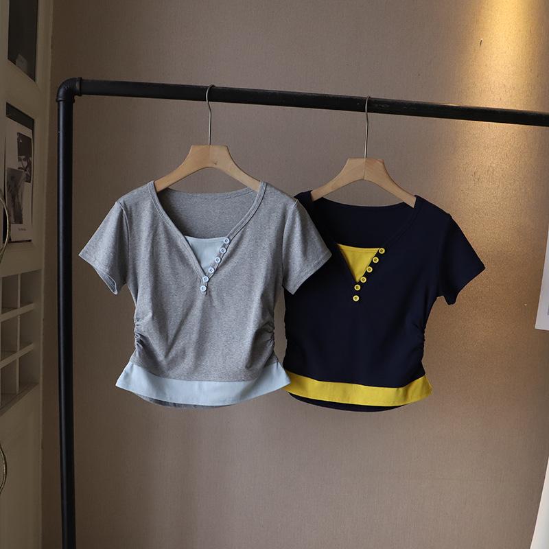 2025 Korean Style V-Neck Color Block Waist-Slimming Two-Piece Look Short-Sleeve T-Shirt
