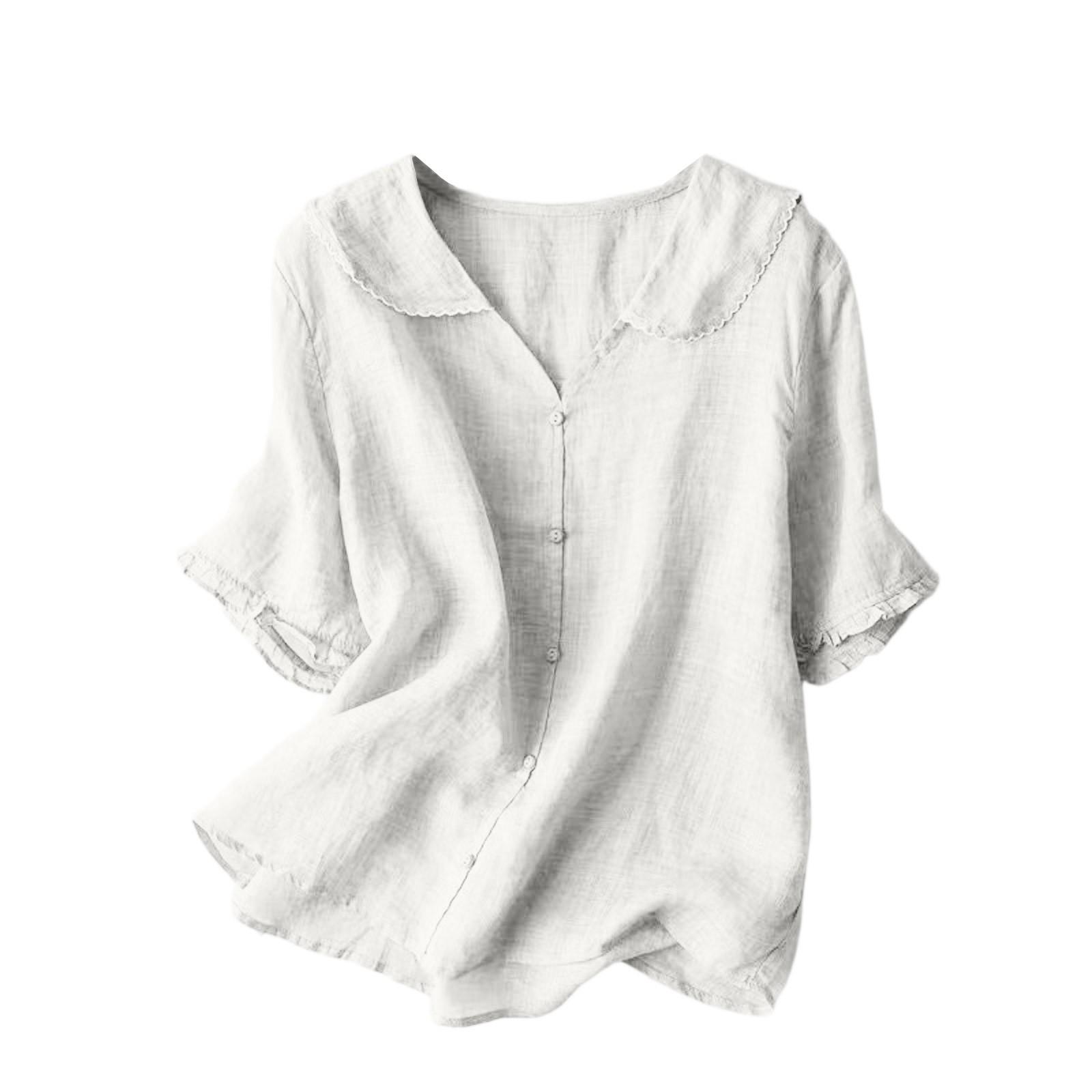 

Жіноча однотонна бавовняно-лляна футболка з коротким рукавом, ретро, дихаюча, з горловиною-стійкою, вільний топ XL білий