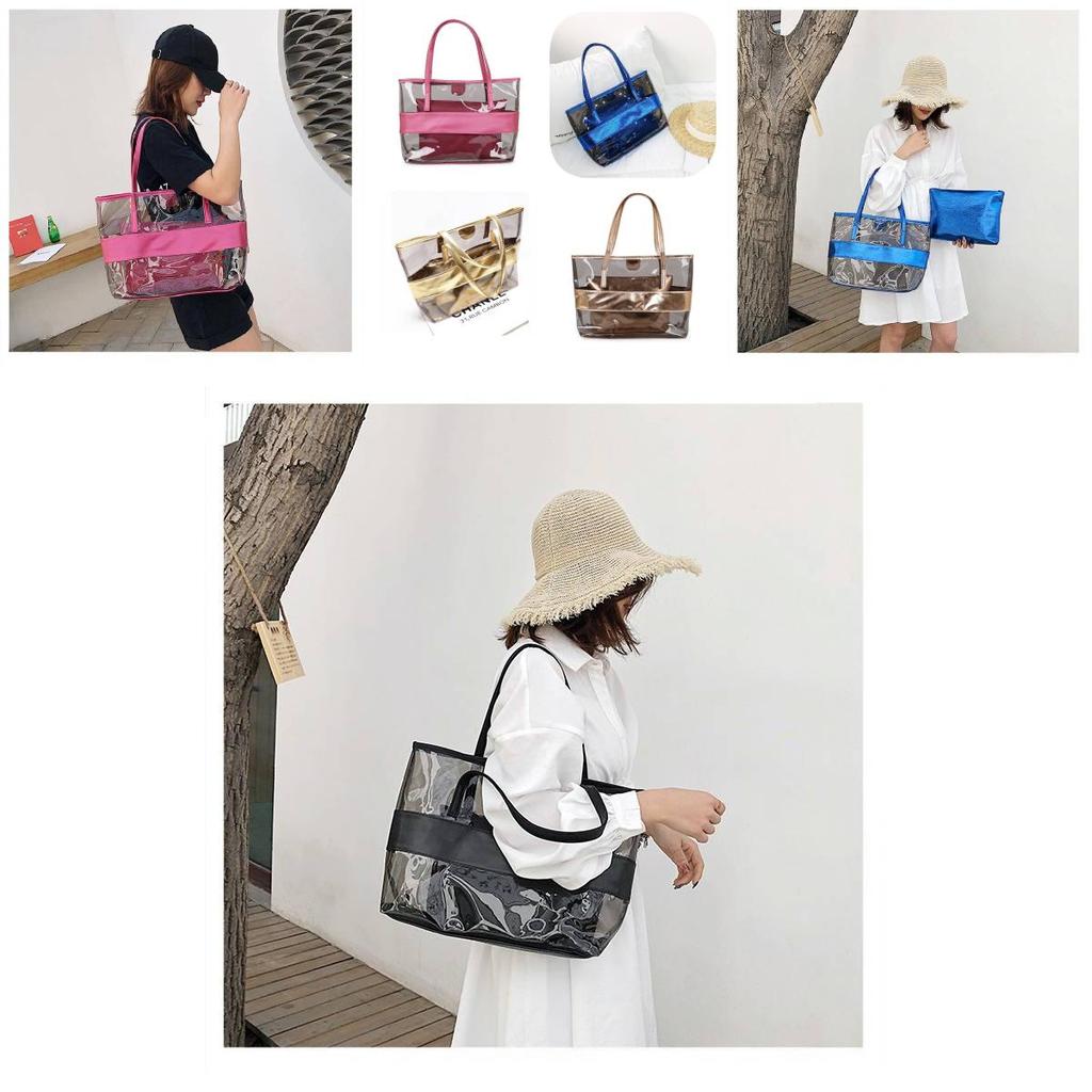 Stylish Pvc Transparent Jelly Beach Bag Waterproof Shoulder Bag In Rose Red Blue Gold Brown