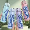 1PC Blue Sketch Seahorse Sea Print 750ml Color Plastic Sports Water Bottle Leakproof Flip Straw Lid Suitable for Sports Office Home Use