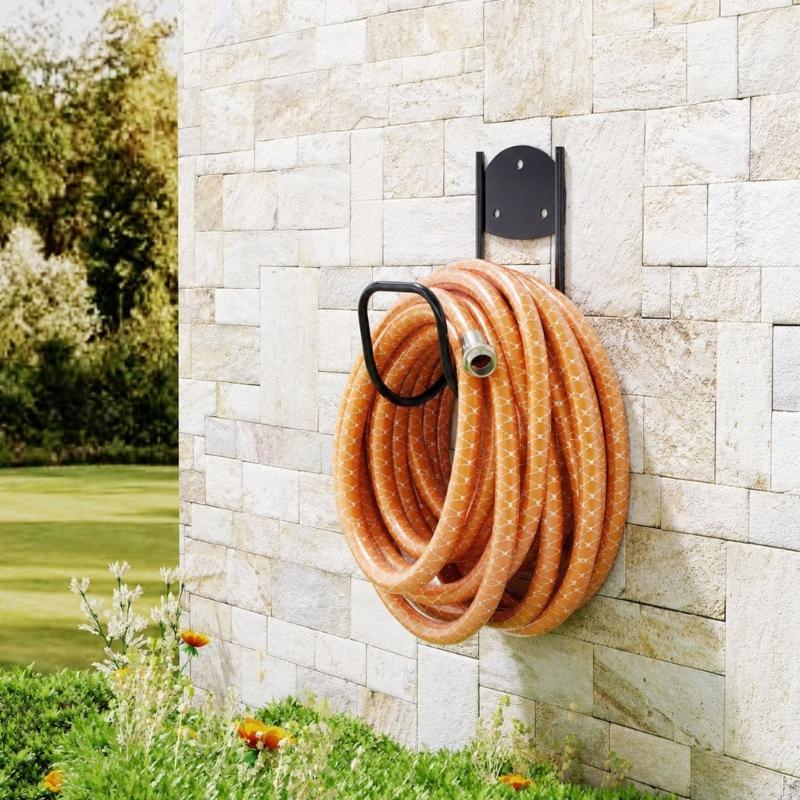Yard Hose Storage Rack Wall Mounted Metal Holder Set of 2 for Garden and Balcony Use, Curved Front Bar for Coiled Hose Storage During Watering