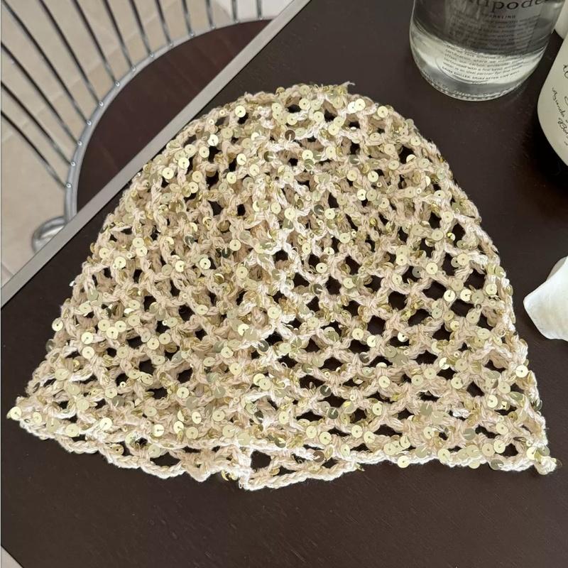 Vintage Sequined Hollow Pullover Hats Women Summer Autumn Travel Photo Atmosphere Versatile Casual Y2K Knit Beanie Hat