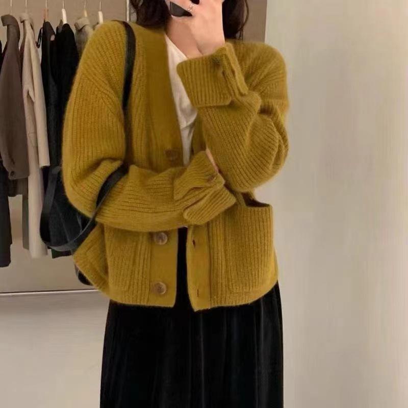 Women's Korean V-neck Knit Cardigan - Single-breasted, Loose Fit, Versatile Autumn/Winter Style