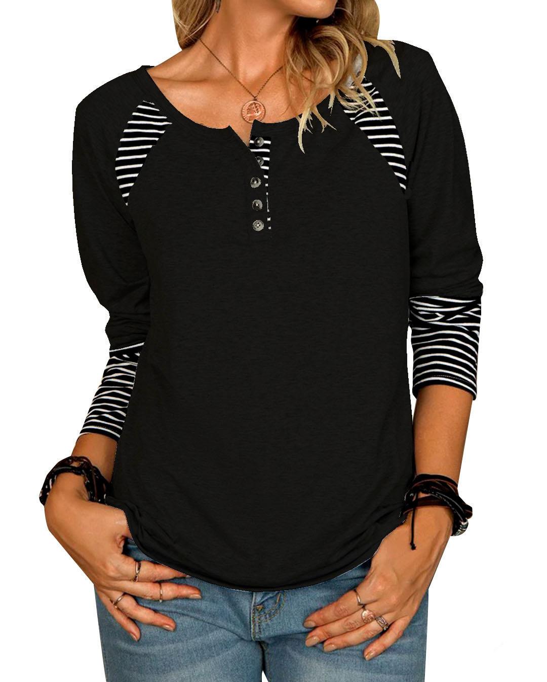 2022 European and American autumn and winter wish new women s clothing long-sleeved printed striped casual T-shirt top women S чёрный