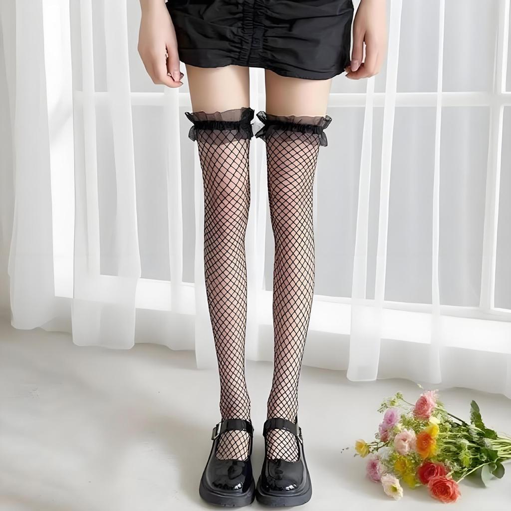 Czarne Koronkowe Pończochy do Uda z Kokardką - Damskie Seksowne Skarpetki za Kolano