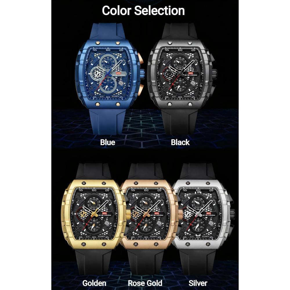 VA VA VOOM Men's Watches Barrel-Shaped Hollow Chronograph Quartz Watch Fashion Silicone Strap Waterproof Sports Luxury Wristwatch for Men