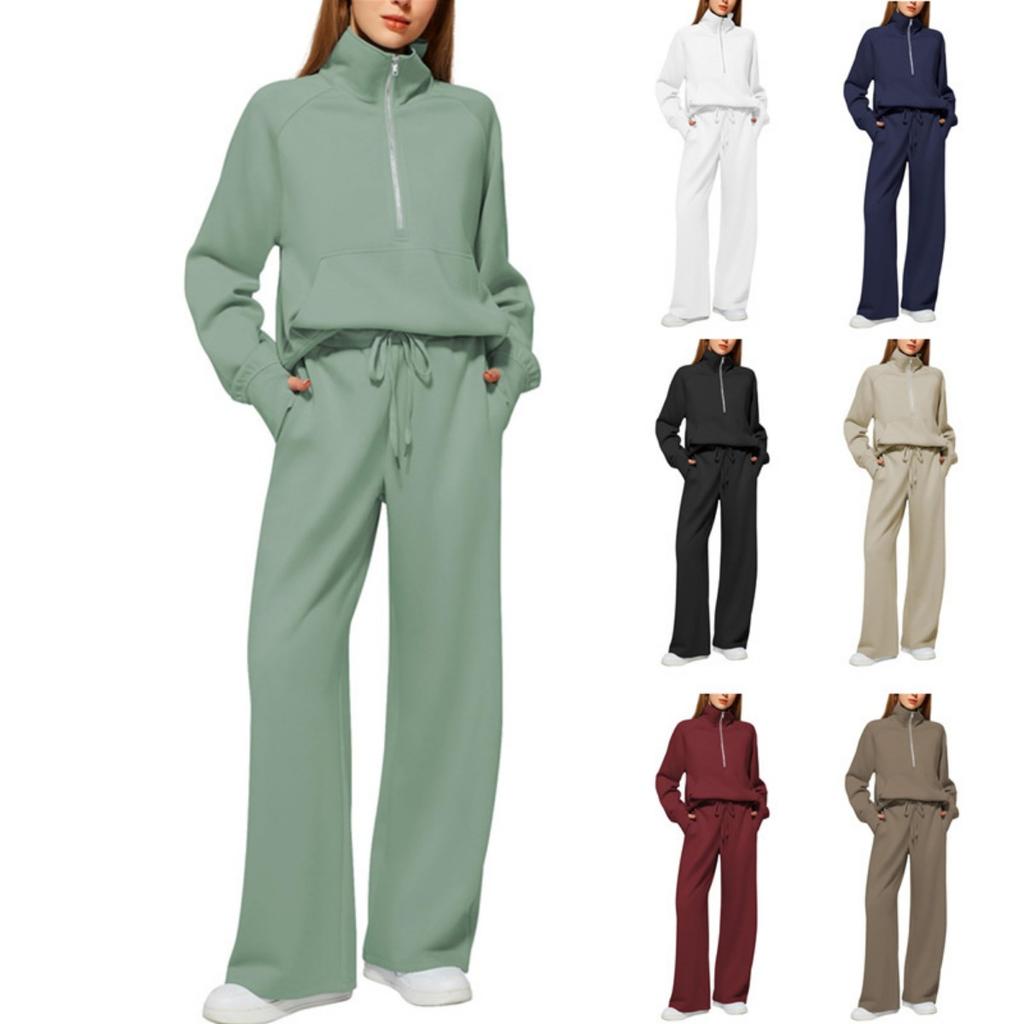 2025Women Coat Pants Set Stand Collar Long Sleeve Zip-up Elastic Cuff Jacket Drawstring Stretchy High Waist Wide Leg Trousers Sport Tracksuit