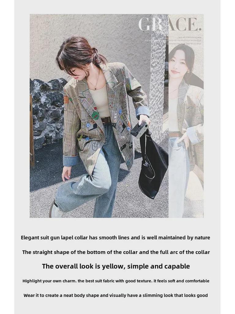 Jachetă de damă primăvara 2025 gri cu imprimeu graffiti în carouri: Street-Rock Croială Largă, Design Nou