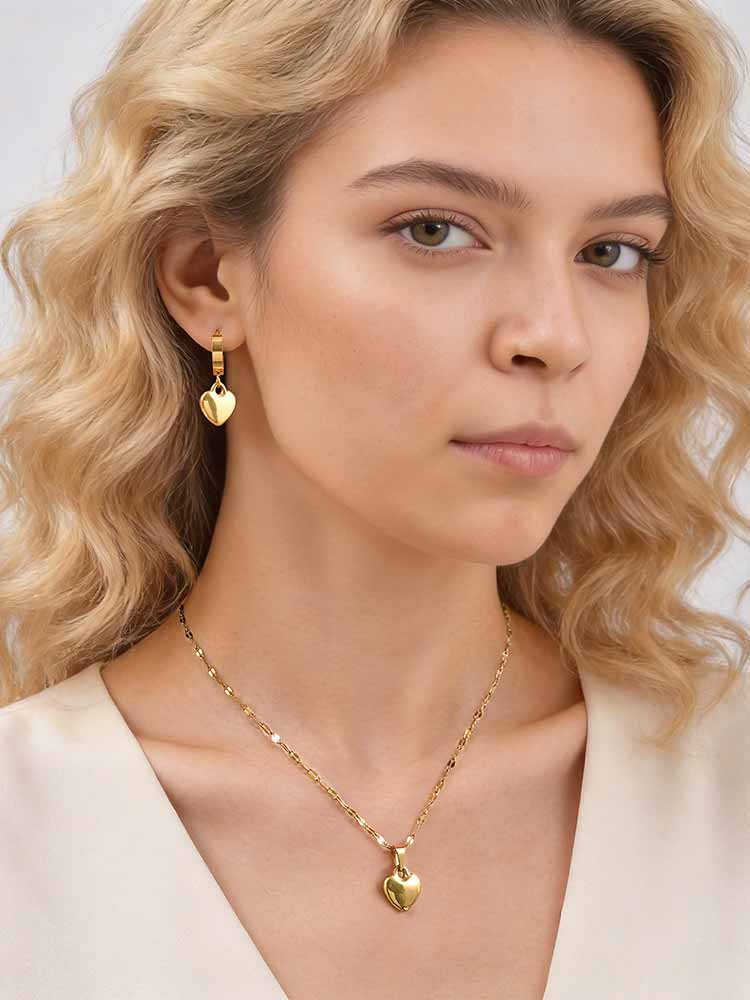 18K Gold Platinierter Edelstahl Herz Schmuckset für Damen Mädchen, Liebesherz Anhänger Halskette Creolen Wasserdicht