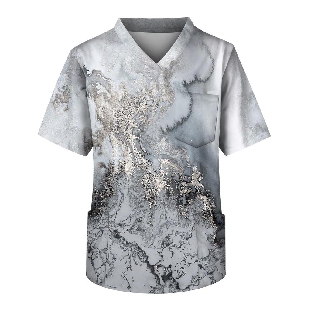 Plussstørrelse Halloween-trykte skrubb arbeidsskjorter for menn med kryss V-hals, korte ermer, morsomme t-skjorter, arbeidsklær med lommer