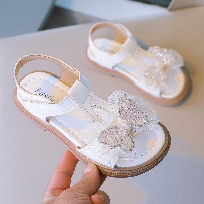 

Girls Leather Sandals with Butterfly Kids Sweet Princess Shoes Soft Fashion Children Summer Beach Shoes Casual Non-slip 2025 New 26 бежевый
