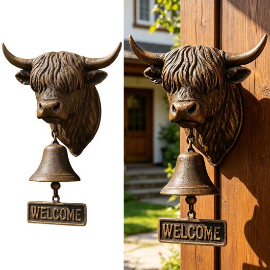Highland Cow Head Doorbell with Welcome Sign Rustic Wall Mounted Resin Cow Hanging Bell Decor for Farmhouse Porch Entryway Kitchen