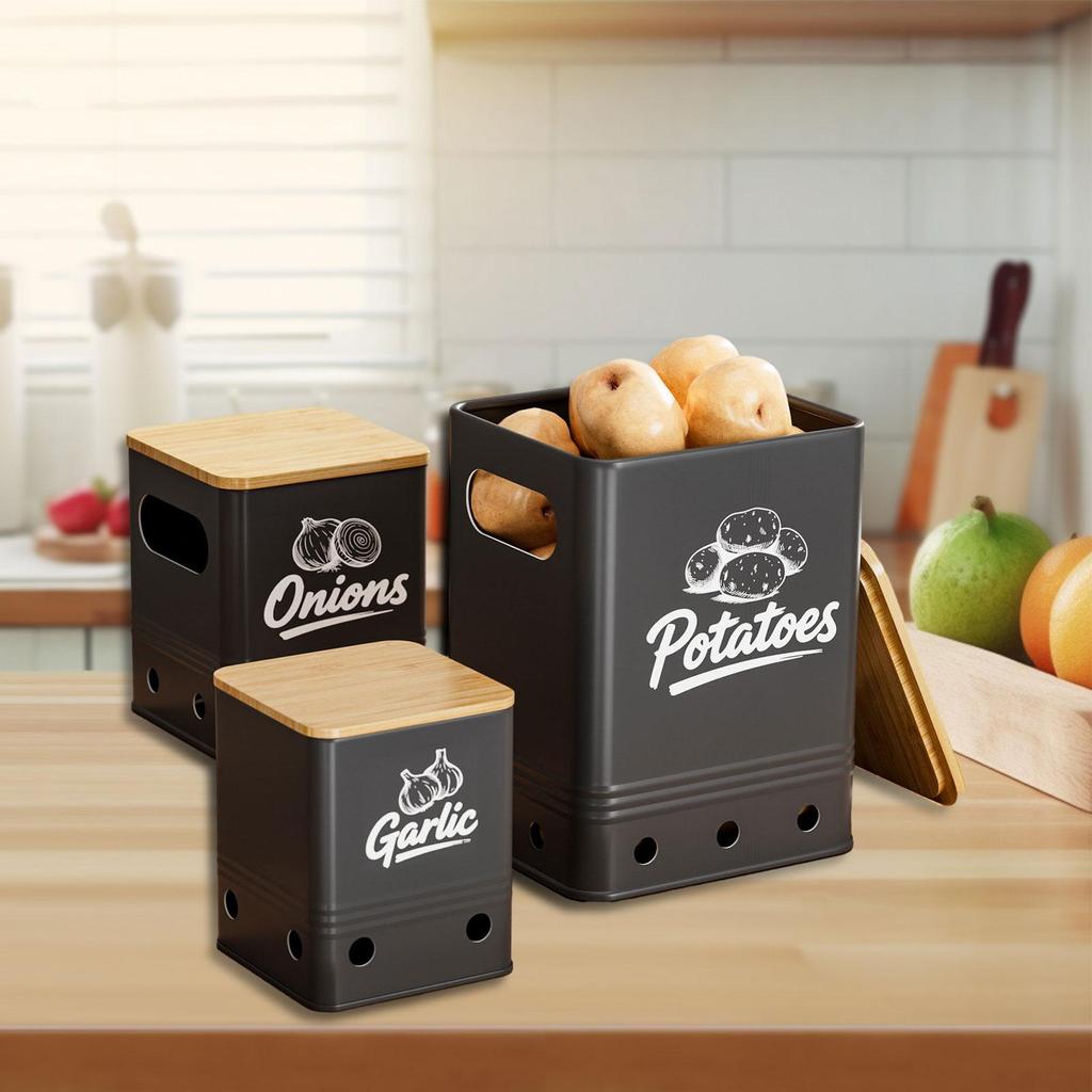 Portable Garlic Storage Bin Set Iron Bamboo Kitchen Container with Ventilation for Vegetable Freshness