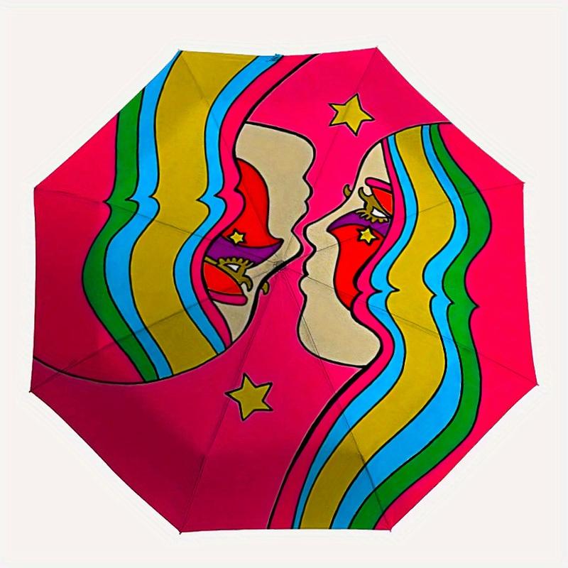 

1pc Psychedelic Faces Folding Umbrella With Excellent UV Protection, 8 Ribs Casual Durable Lightweight Portable Travelling Umbrella For Men