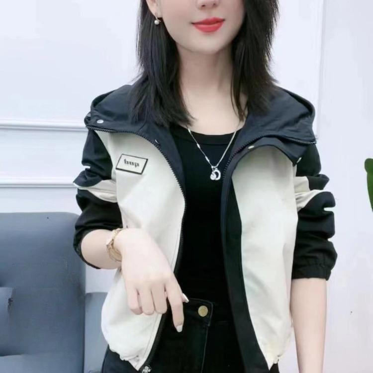 Women Color Splice Windbreaker Jacket Short Hooded Coat Casual Outdoor Sportswear
