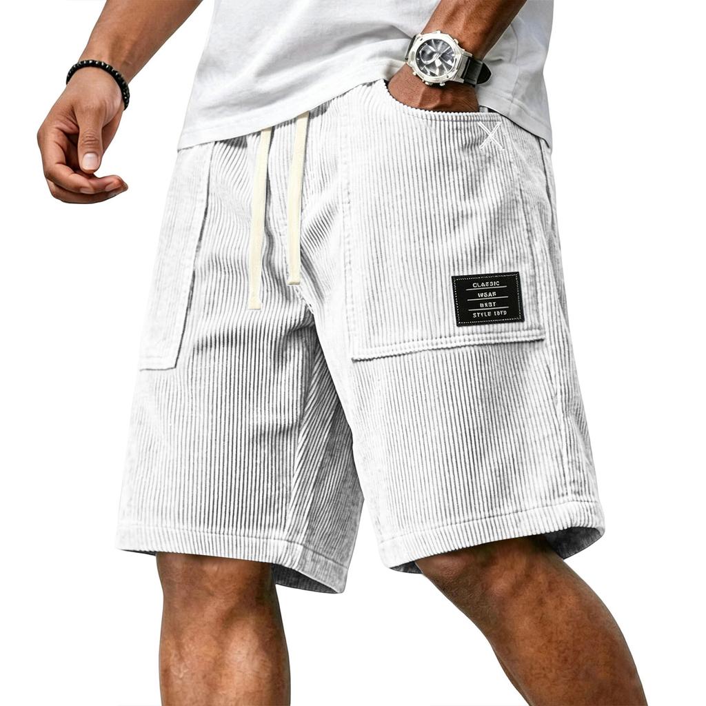 Pantaloncini Casual da Uomo in Velluto a Coste con Coulisse in Vita e Stampa con Lettere Applicate, Vestibilità Rilassata, Lunghezza al Ginocchio, per l'Uso Quotidiano