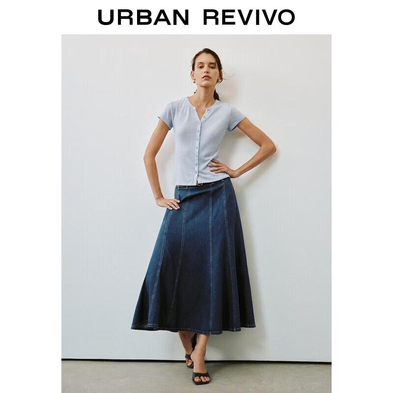 UR2026 Women s Patchwork Belted Denim Skirt XL