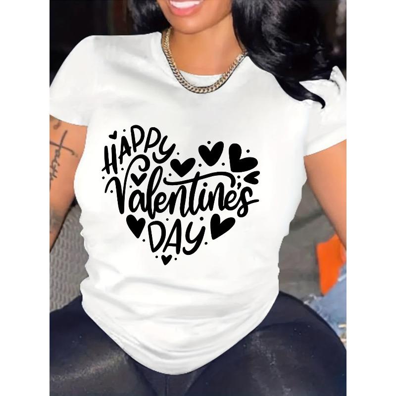 European Size Women s Valentine s Day Short Sleeve T-Shirt - Happy Valentine s Day Heart &  HAPPY VALENTINE s DAY  Lettering Print S