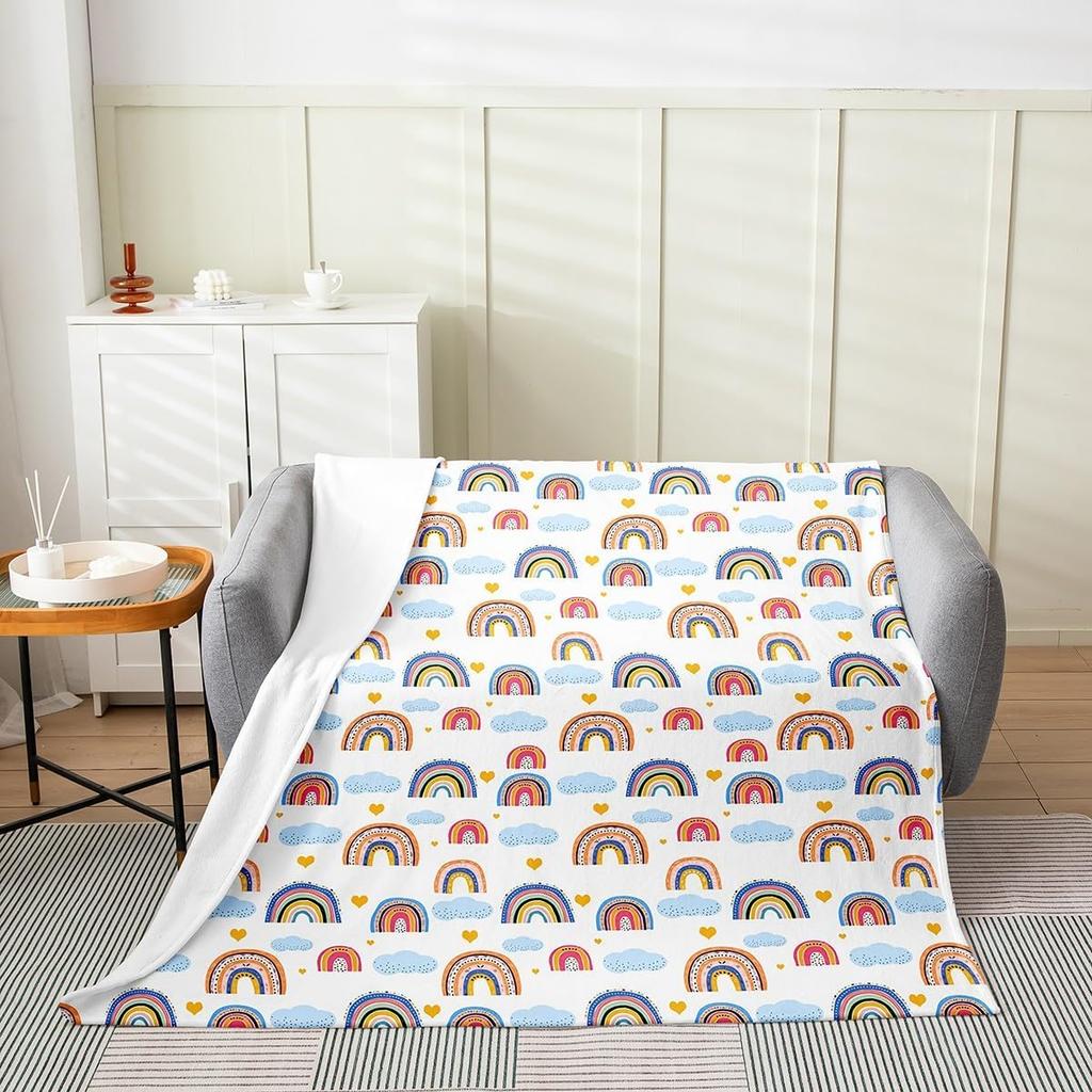 Pretty Rainbow Fleece Throw Blanket Cute Cloud and Love Hearts Flannel Blanket Plush Fuzzy Colorful Stripes for Bed Cou