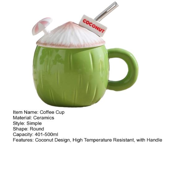 Tazza da Caffè in Ceramica a Forma di Cocco Tazza da Caffè con Manico Coperchio Mini Ombrello Cannuccia Resistente alle Alte Temperature Stoviglie Estive