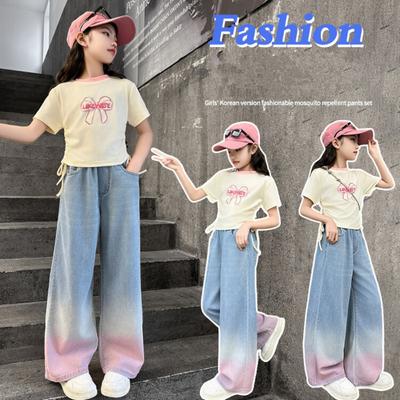 2024 Big Teens Mädchen Tencel Wide-Bein-Jeans Kinder Mädchen Farbverlauf Hosen Kinder Outwear Lange Hosen Mädchen Kleidung 4-12Years
