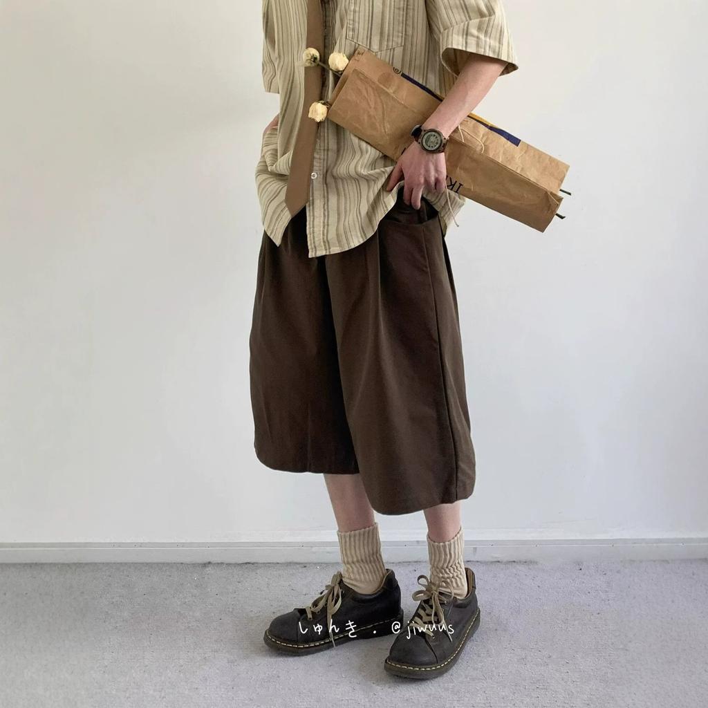Retro Neutral Style Pants Casual Wide-leg Cropped Pants Men's Summer Loose Suit Pants Couple Straight Shorts