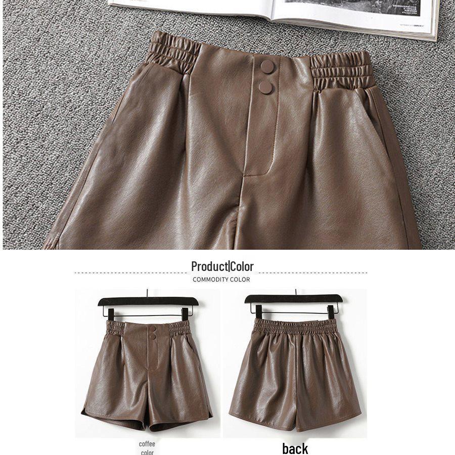 High-Waisted Women's PU Leather A-Line Shorts, Versatile Bootcut Wide-Leg Pants, Plus Size, 2025 Autumn/Winter Fashion
