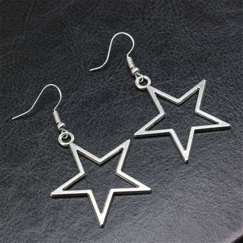 Fashion Handmade Simple Design Antique Silver Color Hollow Star Pendant Drop Earrings Women Vintage Pentagram Jewelry