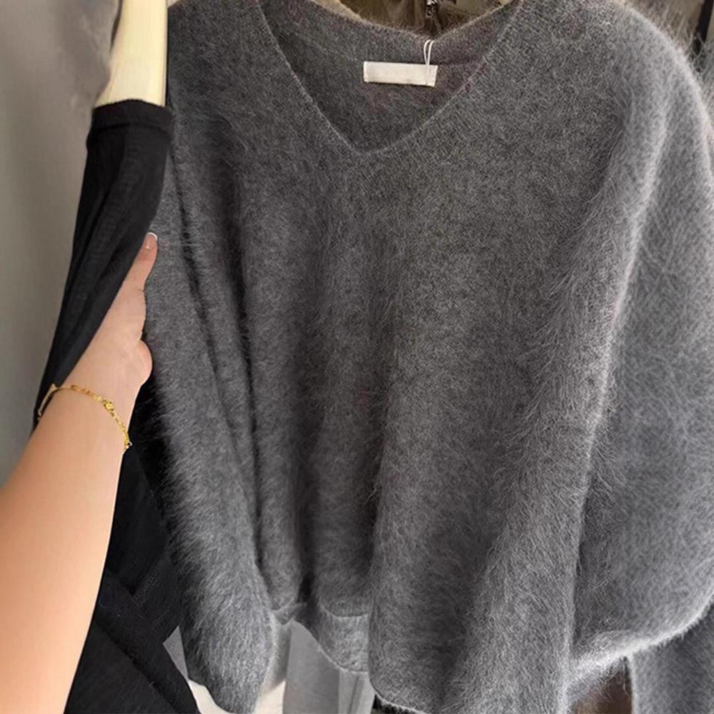 Lazy wind gray pullover v-neck mink fleece sweater women's autumn and winter with loose and good-looking knitted sweater top