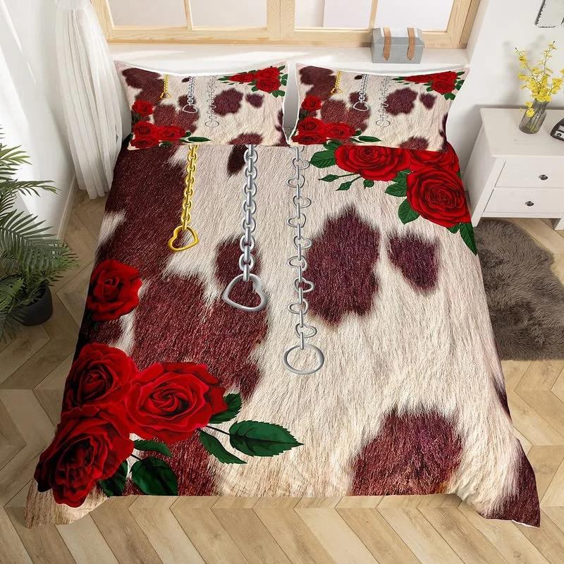 Funda nórdica tamaño king con estampado de animales de granja, de microfibra y piel de vaca. Juego de ropa de cama estilo western con estampado de piel de vaca para niños y niñas.