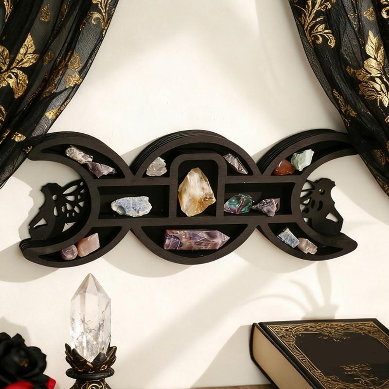 Black Fairies Moon Design Wooden Wall Crystal Display Hanging Shelf With Multi Compartments For Artistic Storage Solution