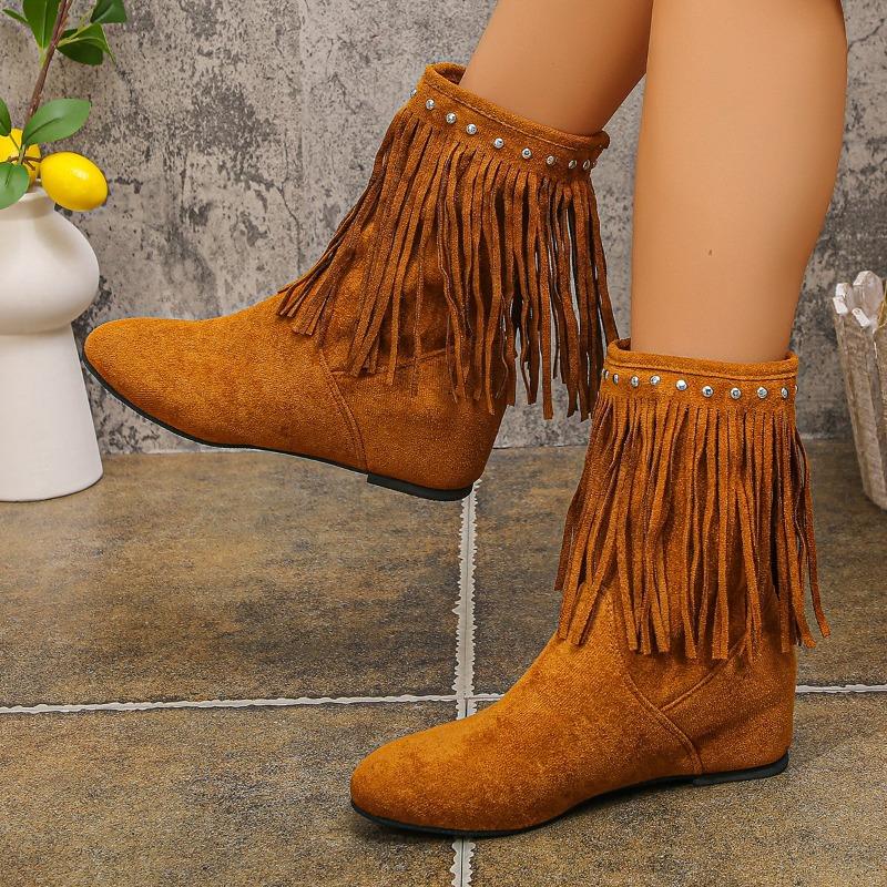 Fashion Brand Design Tassel Western Stray Boots Women 2025 Autumn Pointed Toe Mid Calf Riding Boots Bohemia Metal Decoration Booties