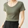 Camiseta feminina gola em U manga curta solta cor sólida top