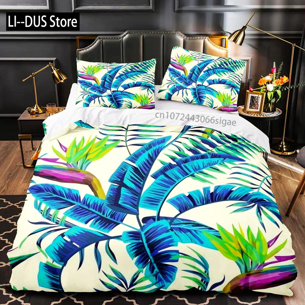 Tropische Pflanzen Floral King Queen Bettbezug Grün Palmblätter Bettwäscheset Cremefarbene Blumen 2/3-teilig Polyester Steppdecke