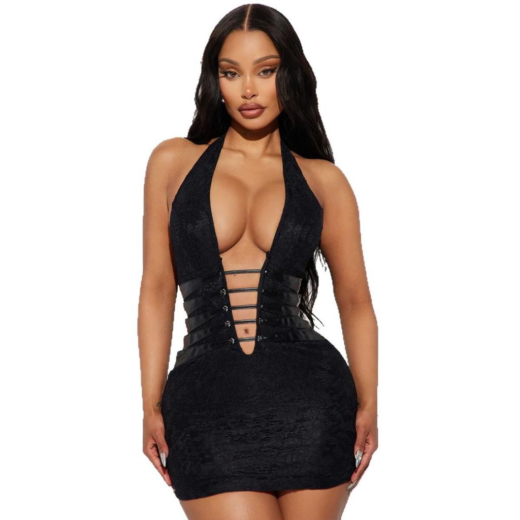 European and American women's clothing new Spice Girls sexy deep V hollow backless nightclub style neck hip dress Z