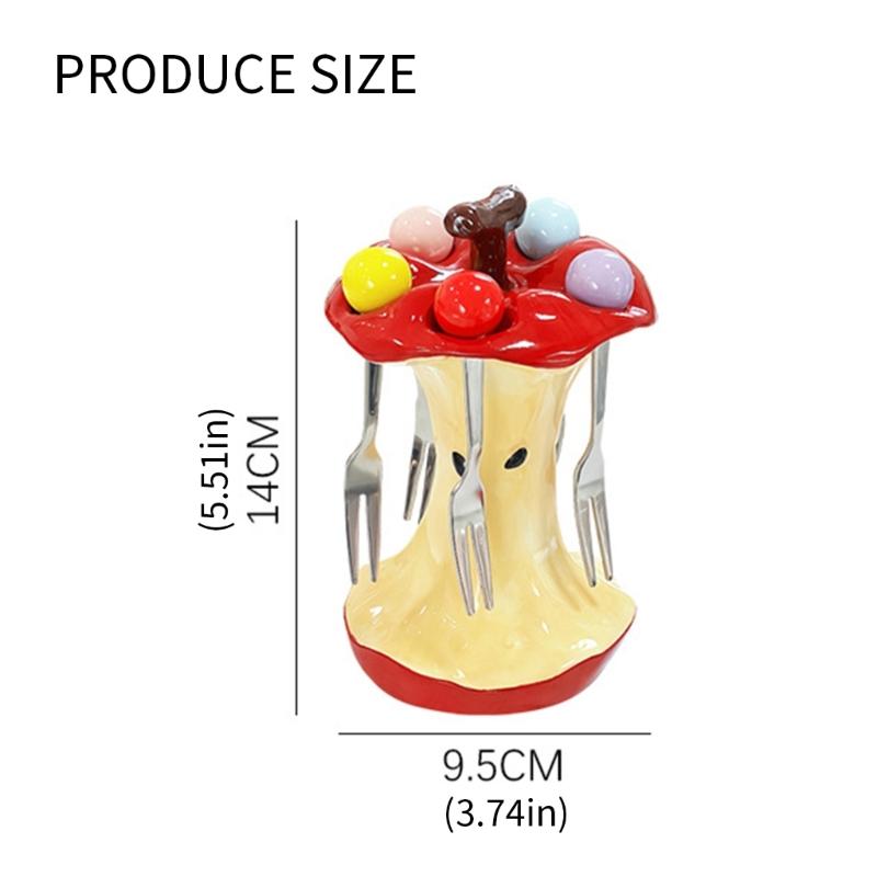 Apples Designs Ceramic Fruit Holder Set Including 4 Snacks Forks Heat Resistant Tableware for Home Party Decoration